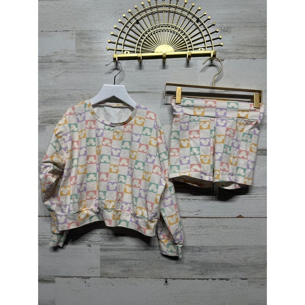 Happy Harlow 2-Piece Lounge Set Girls 8 Pastel Mickey Checkered EUC